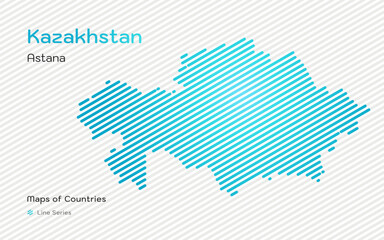 Creative Blue Map of Kazakhstan, Qazaqstan, in gold sloping lines Pattern with Capital of Astana