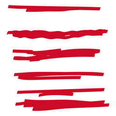 Red highlighter marker strokes. Vector brush pen underline lines.