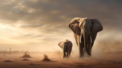 African Elephants Walking in Dusty Savannah at Sunset Wildlife Scene