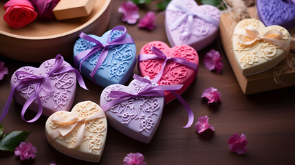 Heart-Shaped Gift Boxes with Elegant Ribbons and Flowers Romantic Present Concept
