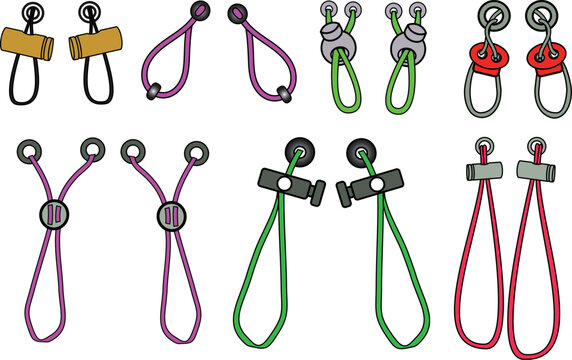 Drawstring cord stopper flat sketch vector illustrator. Set of Draw string lock slider toggles fastener for bags, back backs, jackets, Shorts. Plastic Drawcord lock end toggle to pulled or tighten