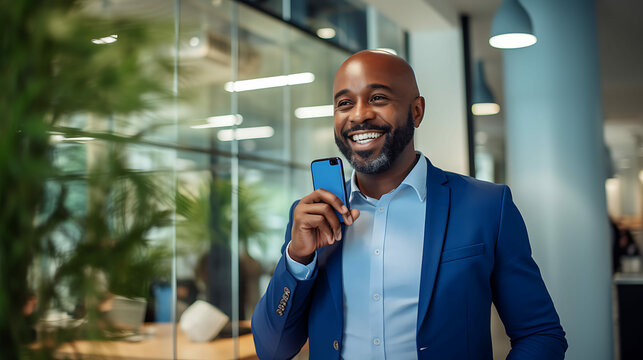 Happy business man talking on mobile cell phone device looking away standing at work. Smiling professional businessman making call on smartphone working with cellphone in office