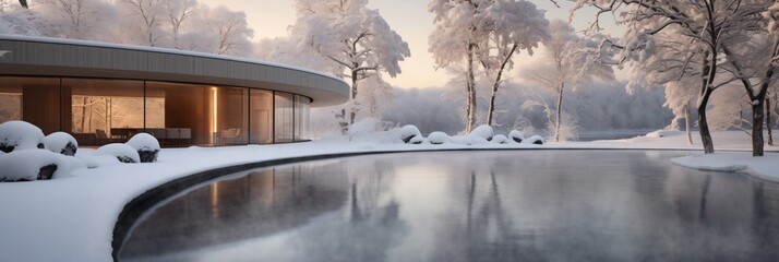 Modern architecture with expansive glass windows contrasts with a serene, snowy landscape and...