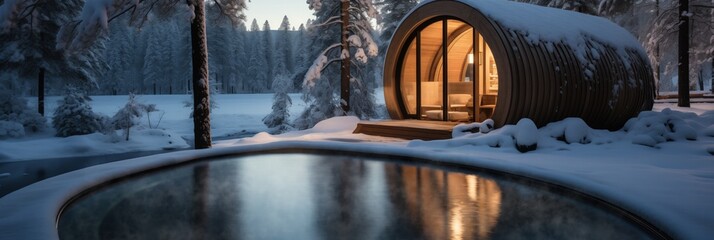 Modern cabin with large windows illuminates a snowy forest landscape at dusk, adjacent to a steaming outdoor hot tub