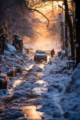 winter and road chaos on snow-covered roads. AI generative.