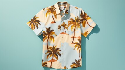 Depict a Hawaiian-inspired spring shirt against a backdrop of swaying palm trees.