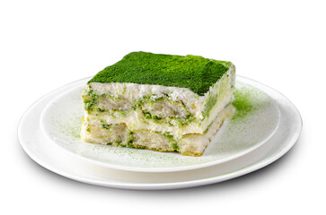 Matcha Tiramisu, Italian Tiramisu Cake with Matcha Green Tea on White Background