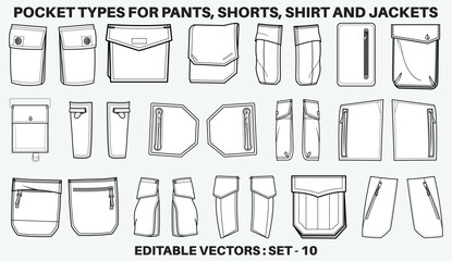 Patch pocket flat sketch vector illustration set, different types of Clothing Pockets for jeans pocket, denim, sleeve arm, cargo pants, dresses, bag, garments, Clothing and Accessories © Fathima Flats