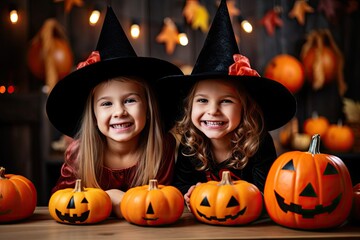 Fototapeta premium Kids in Halloween Hats, Happy Little Girls Smile, Halloween Celebration, Child Party, Witch Hats