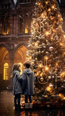 Children standing near a Christmas tree on the street.