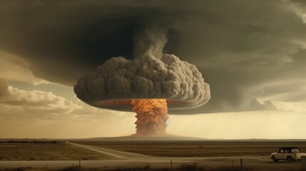 3d illustration of an explosion over a road. Nuclear explosion. Atomic Bomb. World War 3 Concept.