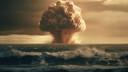 3D illustration of a big explosion in the sea with clouds. Nuclear explosion. Atomic Bomb. World War 3 Concept.