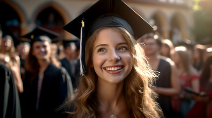 Cheerful of student girl in graduation. Wearing toga hat and gown. Happily celebrating graduation. Generative AI