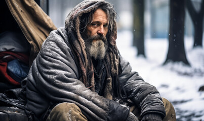 Homeless man wrapped in tattered blankets sitting by a snowy street, embodying the harsh reality of urban poverty and neglect in winter