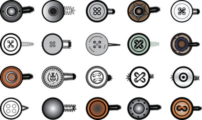 Sewing Buttons flat sketch vector illustration set, different types of Shirt Buttons, Shank button, Flat buttons and Decorative buttons for fasteners, dresses garments, Jeans, Clothing and Accessories - obrazy, fototapety, plakaty