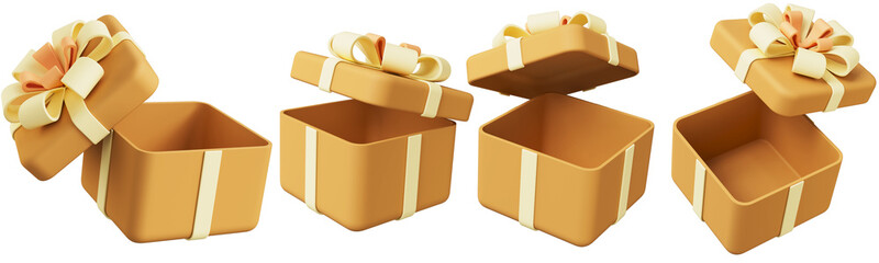 Set of orange open present box with a yellow ribbon bow. Cartoon gift boxes in various positions, illustrated in a plastic 3D style. Birthday, Valentine's Day, New Year, Women's Day, Black Friday. - obrazy, fototapety, plakaty