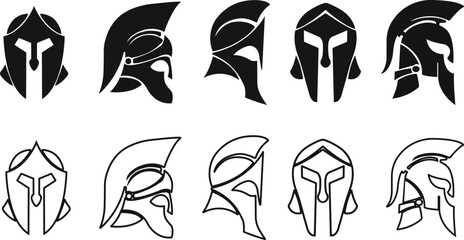 spartan helmet icon in flat, line style set isolated on transparent background use for safety Greek gladiator design elements emblems create for logo, label, sign, symbol. Vector for apps and website - obrazy, fototapety, plakaty