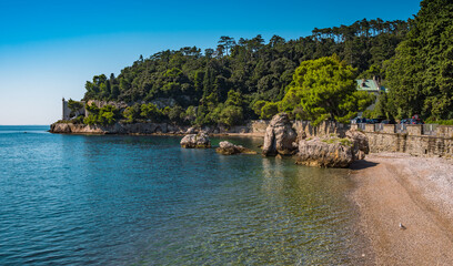 rocky cliff and protected area in the Bay of Grignano near Miramare Castle Trieste - Italy.
