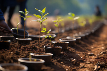 A tree plantation. Furrows with evenly spaced seedlings in black pots. Idea of reforestation. Copy space. - obrazy, fototapety, plakaty