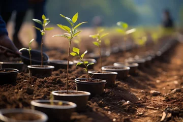 Stoff pro Meter A tree plantation. Furrows with evenly spaced seedlings in black pots. Idea of reforestation. Copy space. © Silga