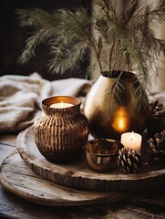 Cozy winter home decor arrangement with burning candles, holiday room interior decorations in black...