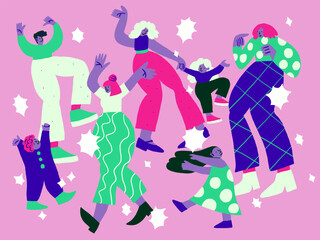 Vector illustration with dancing people with stars on violet background. Dancing people doodles. Happy family, party people. Vector illustration