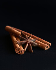 star anise and cinnamon stick, dark background, minimalism, no people, close-up
