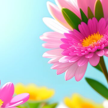 Colorful spring flowers with blue sky in the background.