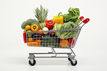 Vegetables and fruits in a supermarket trolley on a white background, healthy food concept