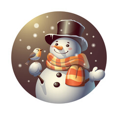 A cute snowman in a top hat and a striped orange scarf with a robin bird on a snow mitten. Funny vector illustration on the theme of winter, Christmas, New Year, winter fun, kindness.Postcard, sticker
