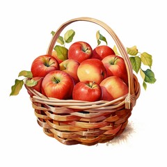 Naklejka na ściany i meble Watercolor basket filled with freshly harvested apples, white background. AI generate