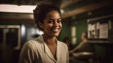 Obraz premium A photo of a beautiful Brazilian waitress smiling. Generative AI.