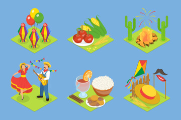 3D Isometric Flat Vector Illustration of Festa Junina, Traditional Brazilian Festival