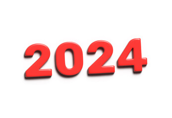 Happy New Year 2024 concept. Holiday text. Red number isolated on white background with shadow. 3D rendering.