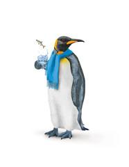 un manchot empereur avec une écharpe qui tien un verre de poisson   gounjon qui s'échappe 