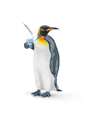 un manchot empereur avec une écharpe qui tien un verre de poisson   orphie   qui s'échappe 