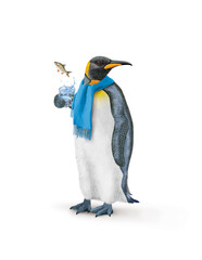 un manchot empereur avec une écharpe qui tien un verre de poisson  melonote    qui s'échappe 