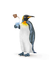 un manchot empereur avec une écharpe qui tien un verre de poisson   rai  qui s'échappe 