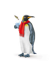 un manchot empereur avec une écharpe qui tien un verre de poisson  varion   qui s'échappe 