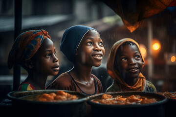 Poor African children waiting for food in the rain 2