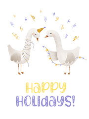 Greeting card for winter holidays. Cute cartoon Geese with garlands. Isolated illustration for children's party. Vertical postcard banner. Hand drawn modern kid style