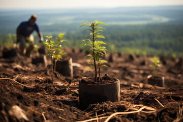 A tree plantation. Furrows with evenly spaced seedlings in black pots. Blurred worker and a valley in the background. Copy space. - obrazy, fototapety, plakaty