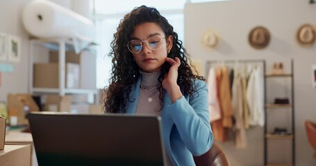 Entrepreneur, small business or laptop for fashion logistics, e commerce cargo or inventory in shop. Distribution, woman or seller on technology for startup service, sales or online package order