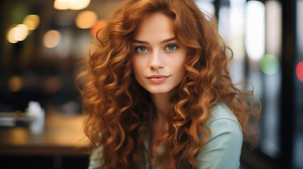 Obraz premium Young beautiful curly red-haired woman relaxing in a coffee shop, blurred background. Leisure, visiting cafes, city life