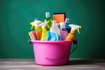 Assortment Of Cleaning Products Gathered In Bucket Highquality Photo - obrazy, fototapety, plakaty