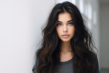 Naklejka premium Beautiful Attractive Slender Darkhaired Girl On The Background Of White Wall