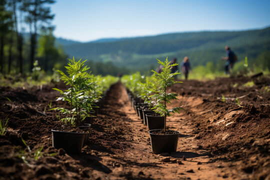 A fir tree plantation, Christmas. Furrows with evenly spaced fir seedlings in black pots. Mountain terrain in the background. Copy space.