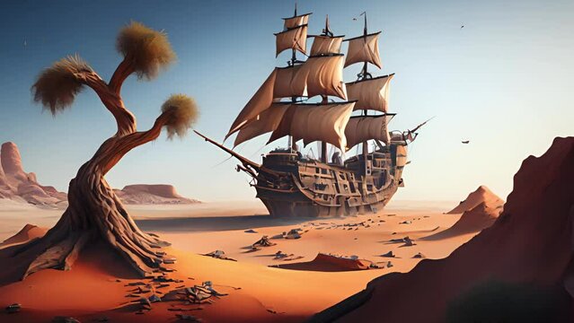 AI-powered video of an ancient pirate ship in the desert