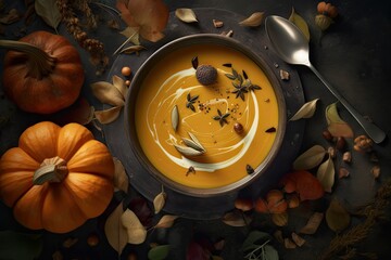 Pumpkin Cream Soup, Orange Autumn Dinner, Healthy Pumpkin Lunch, Vegetarian Food, Generative AI