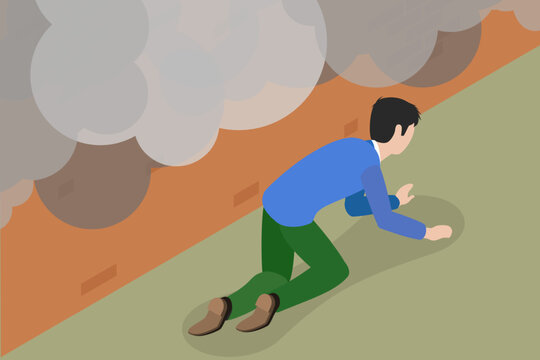 3D Isometric Flat Vector Illustration of Fire Safety Activity, Avoiding Deadly Smoke and Fumes